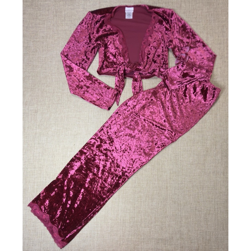 Vtg Y2K Crushed Velvet Lounge Set Burgundy‎ Lace Cropped Tie Front Top Pants